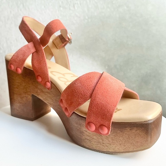 🌸SAM EDELMAN 🌸 Josefina Orange Suede Platform Wooden Sandals Size: 8.5 - Picture 7 of 12
